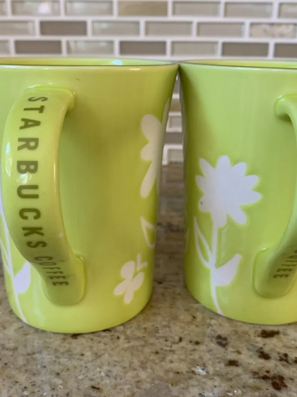 Starbucks 2007 lime green ceramic coffee mug white etched flowers lot of 2 12 oz